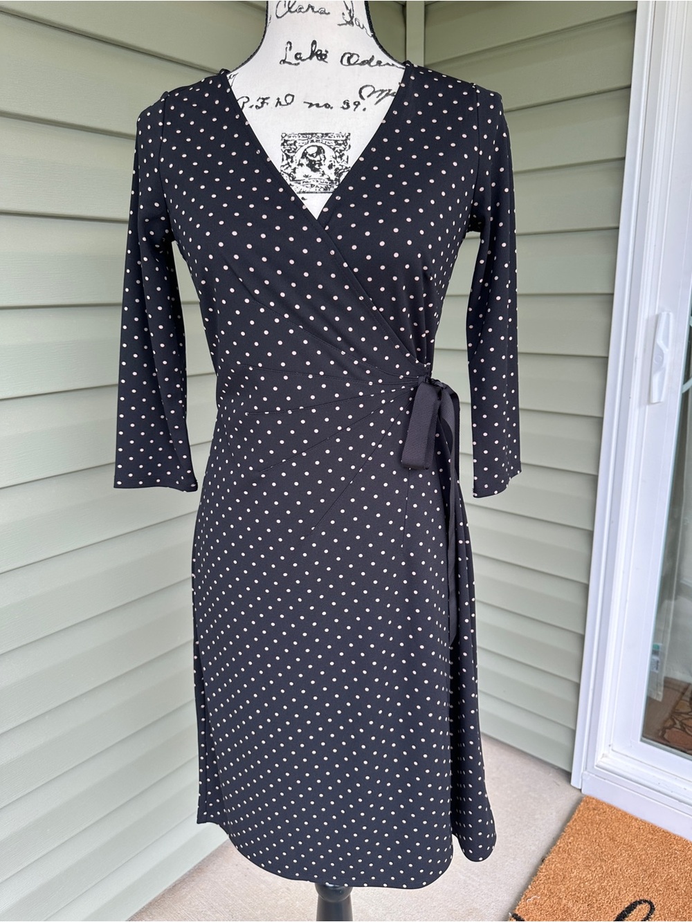 Loft petites Black Polka Dot Wrap Dress with taupe dots size 4P gorgeous classic